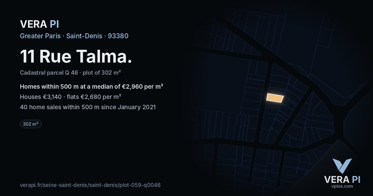 11 Rue Talma, Saint-Denis at night – the plot lit, the parcels around coloured by the prices near them