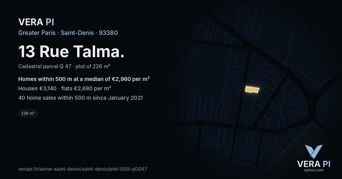 13 Rue Talma, Saint-Denis at night – the plot lit, the parcels around coloured by the prices near them