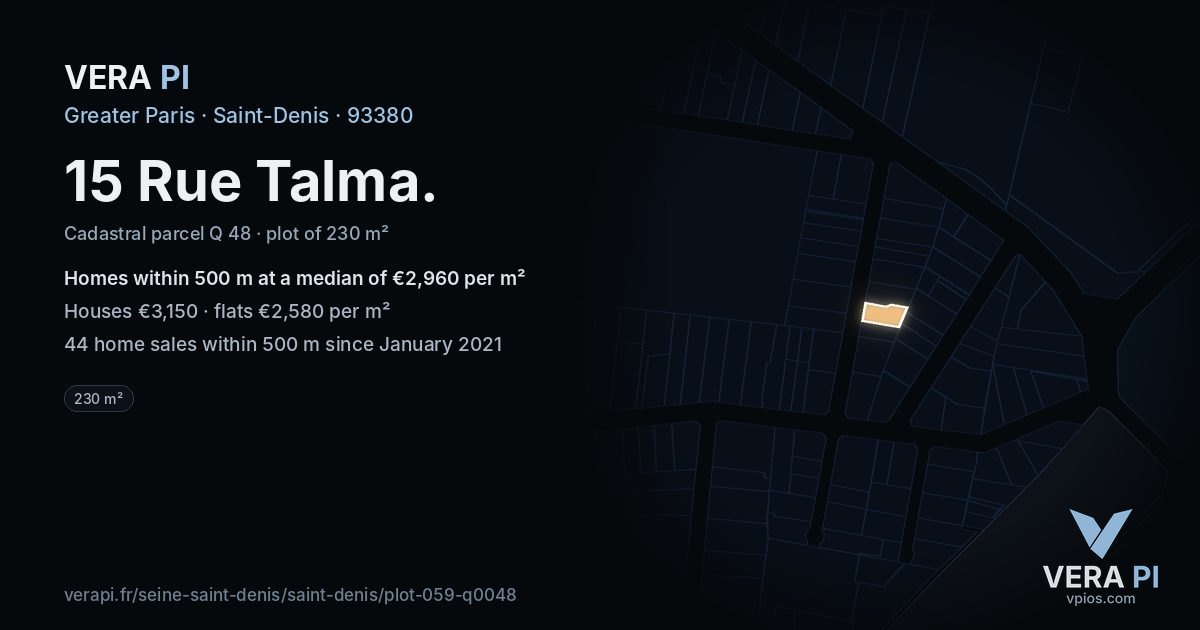 15 Rue Talma, Saint-Denis at night – the plot lit, the parcels around coloured by the prices near them