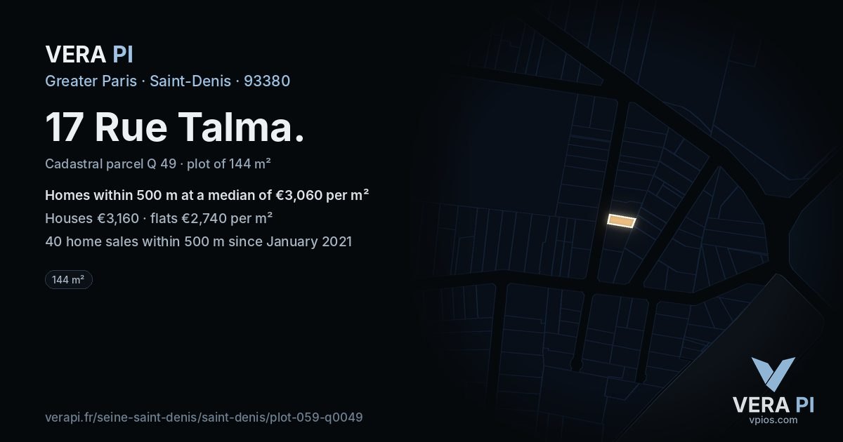 17 Rue Talma, Saint-Denis at night – the plot lit, the parcels around coloured by the prices near them