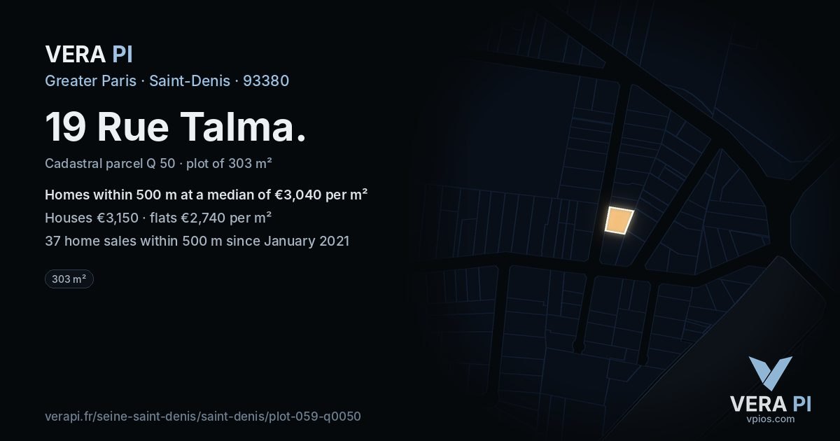 19 Rue Talma, Saint-Denis at night – the plot lit, the parcels around coloured by the prices near them