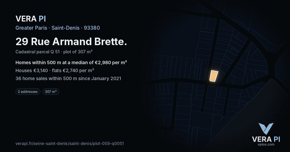 29 Rue Armand Brette, Saint-Denis at night – the plot lit, the parcels around coloured by the prices near them