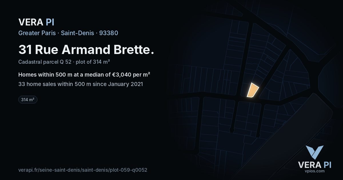 31 Rue Armand Brette, Saint-Denis at night – the plot lit, the parcels around coloured by the prices near them