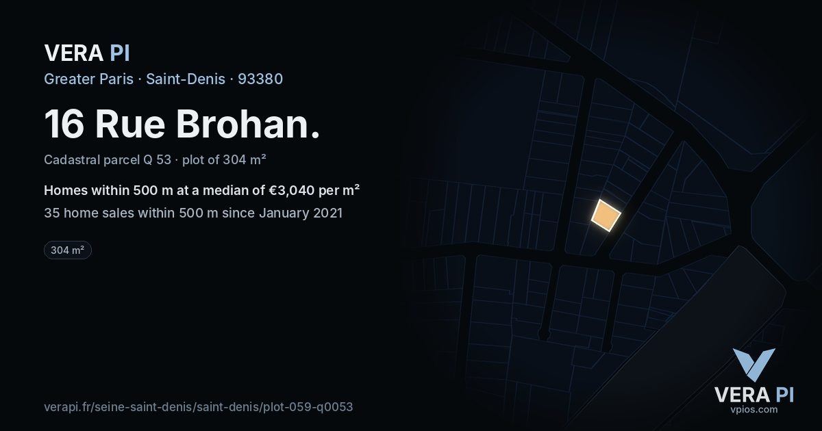 16 Rue Brohan, Saint-Denis at night – the plot lit, the parcels around coloured by the prices near them