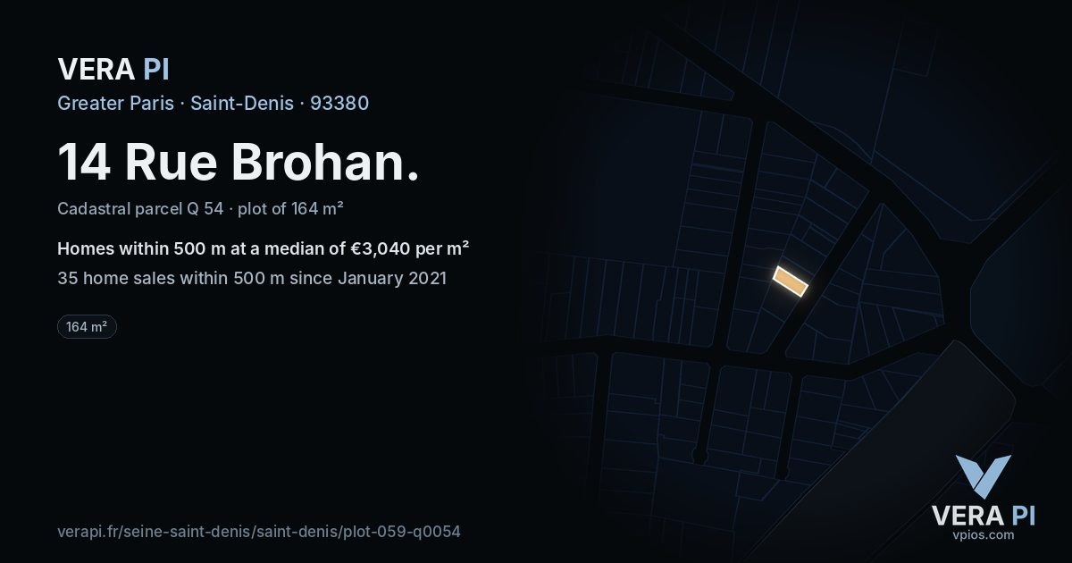 14 Rue Brohan, Saint-Denis at night – the plot lit, the parcels around coloured by the prices near them