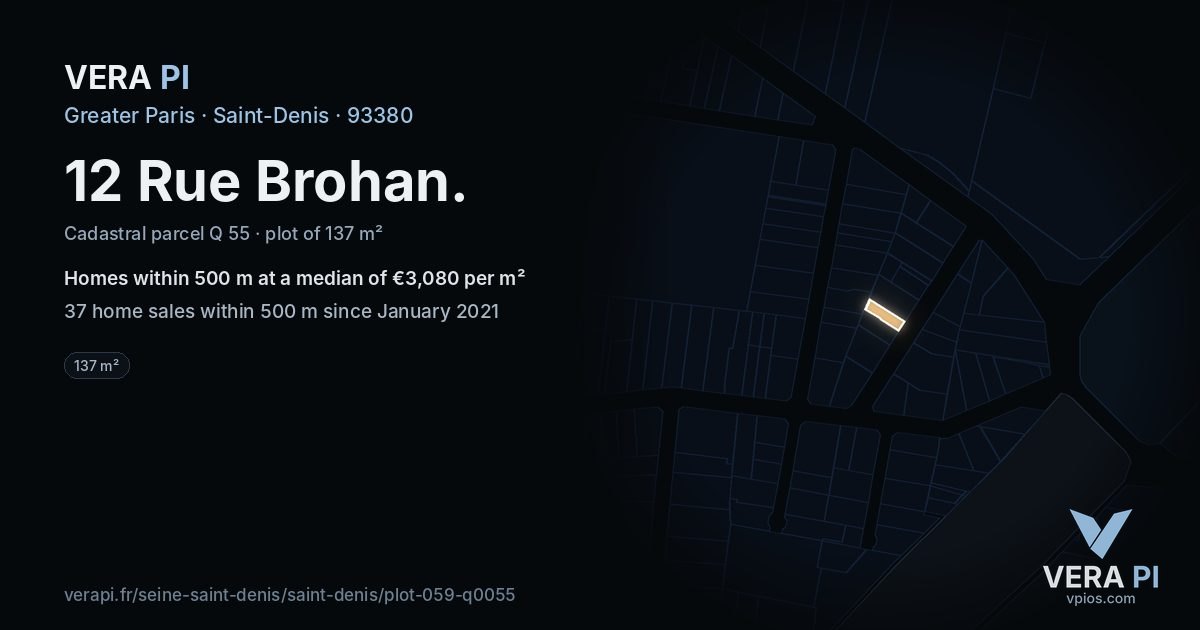 12 Rue Brohan, Saint-Denis at night – the plot lit, the parcels around coloured by the prices near them