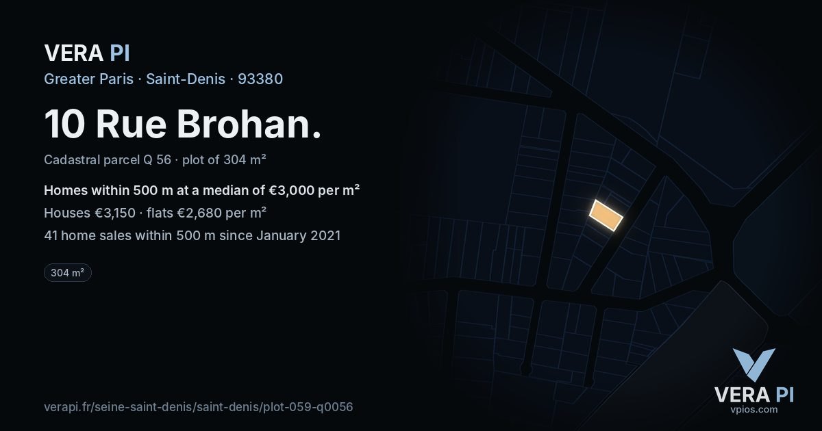 10 Rue Brohan, Saint-Denis at night – the plot lit, the parcels around coloured by the prices near them