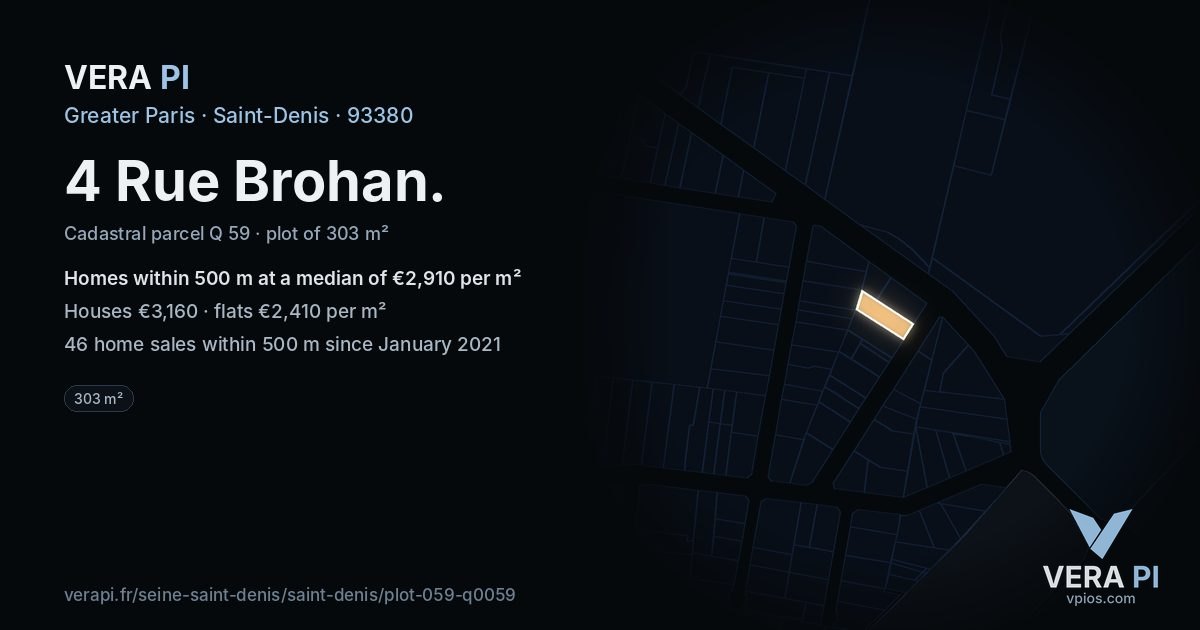 4 Rue Brohan, Saint-Denis at night – the plot lit, the parcels around coloured by the prices near them