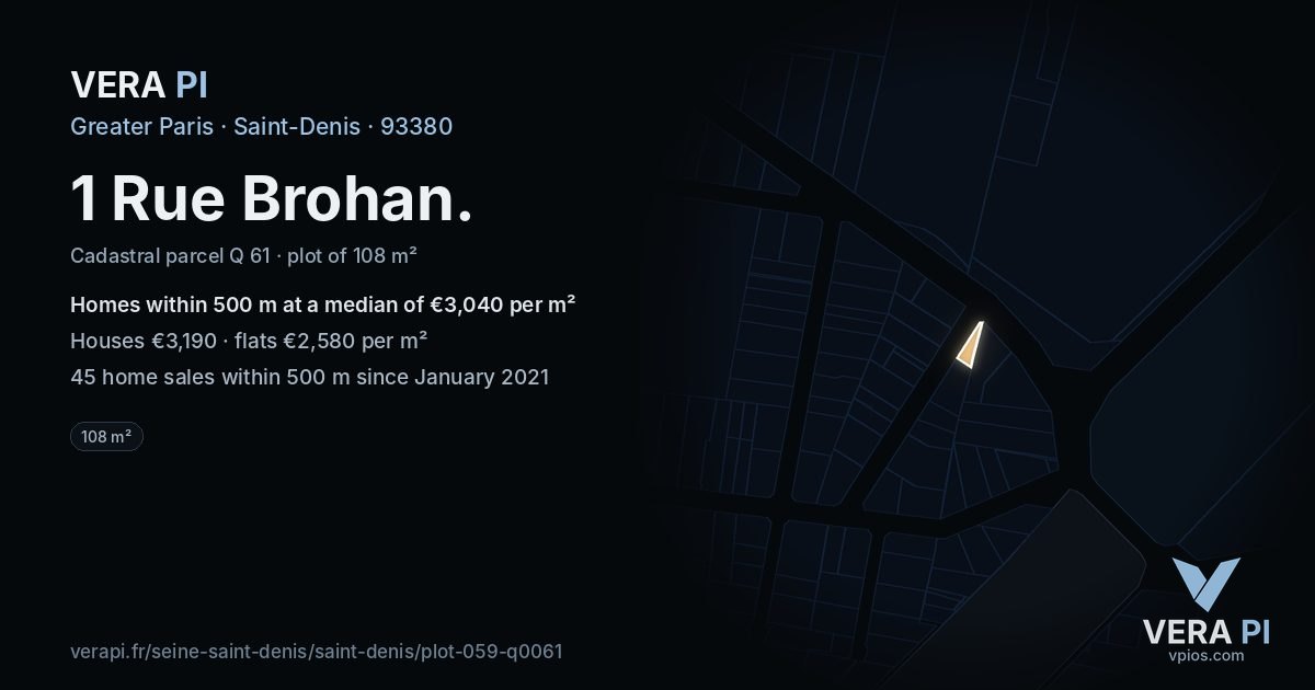 1 Rue Brohan, Saint-Denis at night – the plot lit, the parcels around coloured by the prices near them