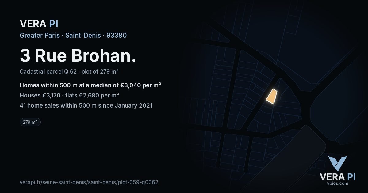 3 Rue Brohan, Saint-Denis at night – the plot lit, the parcels around coloured by the prices near them