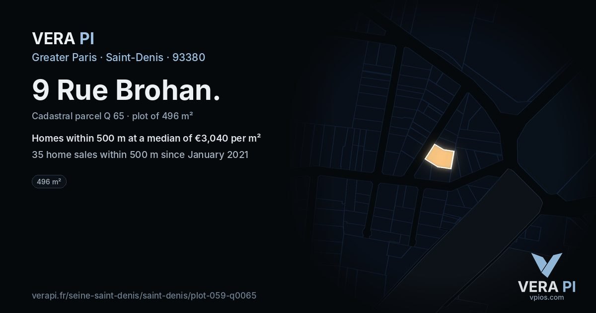9 Rue Brohan, Saint-Denis at night – the plot lit, the parcels around coloured by the prices near them