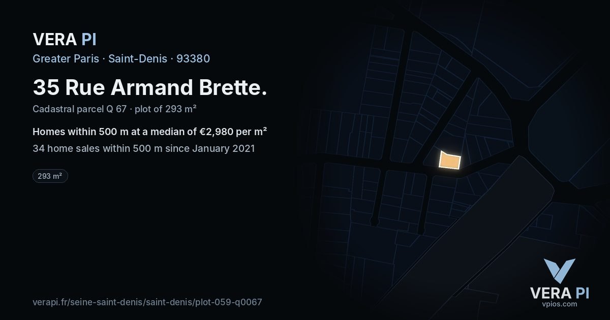 35 Rue Armand Brette, Saint-Denis at night – the plot lit, the parcels around coloured by the prices near them
