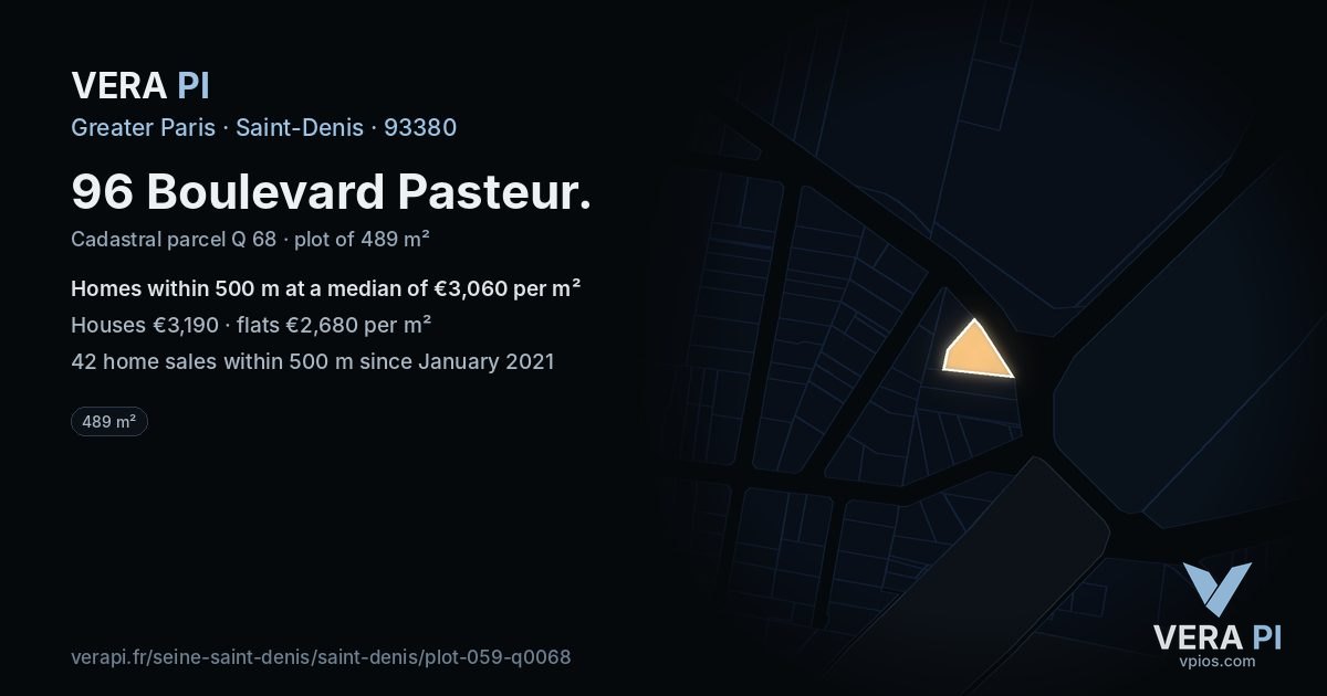 96 Boulevard Pasteur, Saint-Denis at night – the plot lit, the parcels around coloured by the prices near them