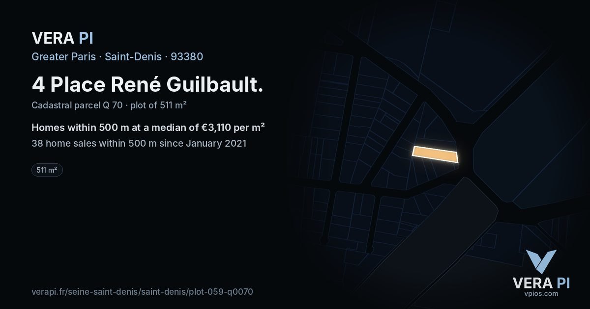 4 Place René Guilbault, Saint-Denis at night – the plot lit, the parcels around coloured by the prices near them