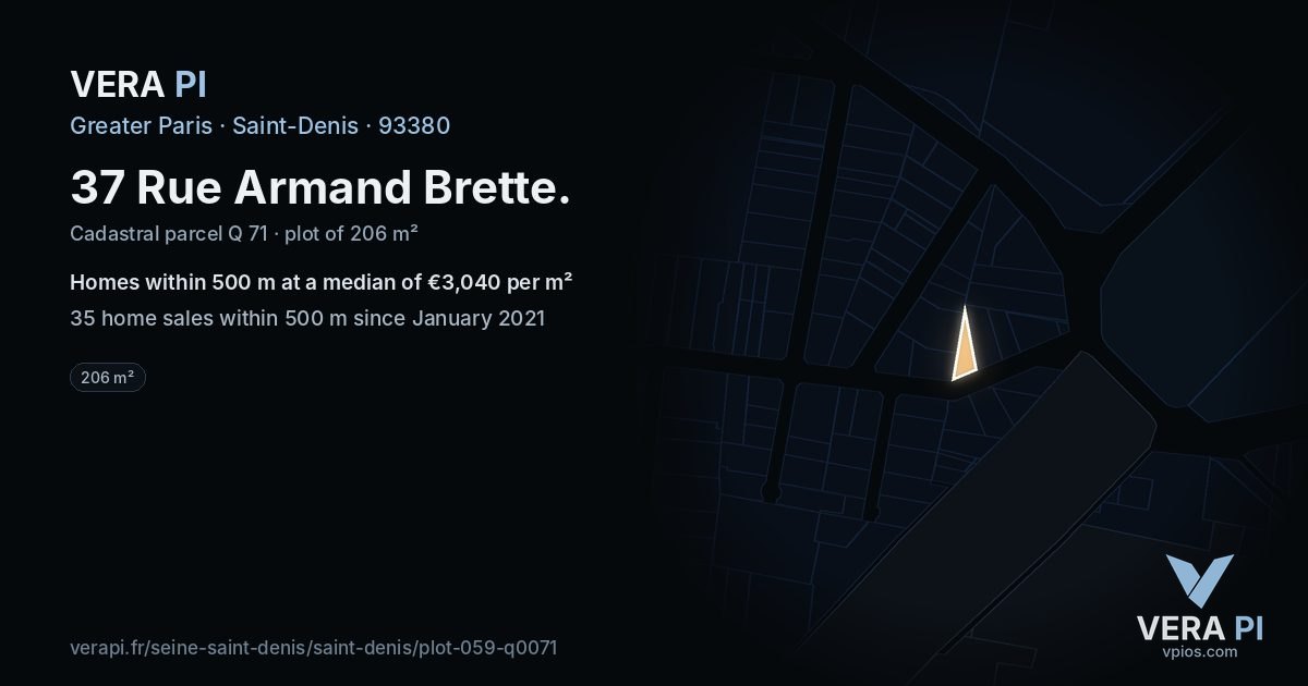 37 Rue Armand Brette, Saint-Denis at night – the plot lit, the parcels around coloured by the prices near them