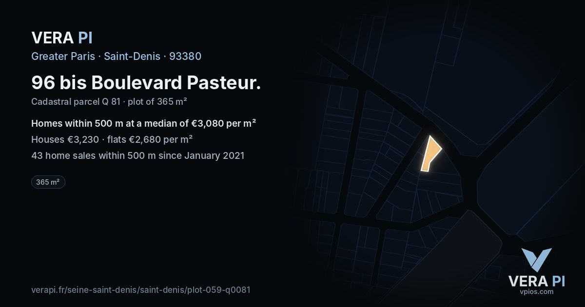 96 bis Boulevard Pasteur, Saint-Denis at night – the plot lit, the parcels around coloured by the prices near them