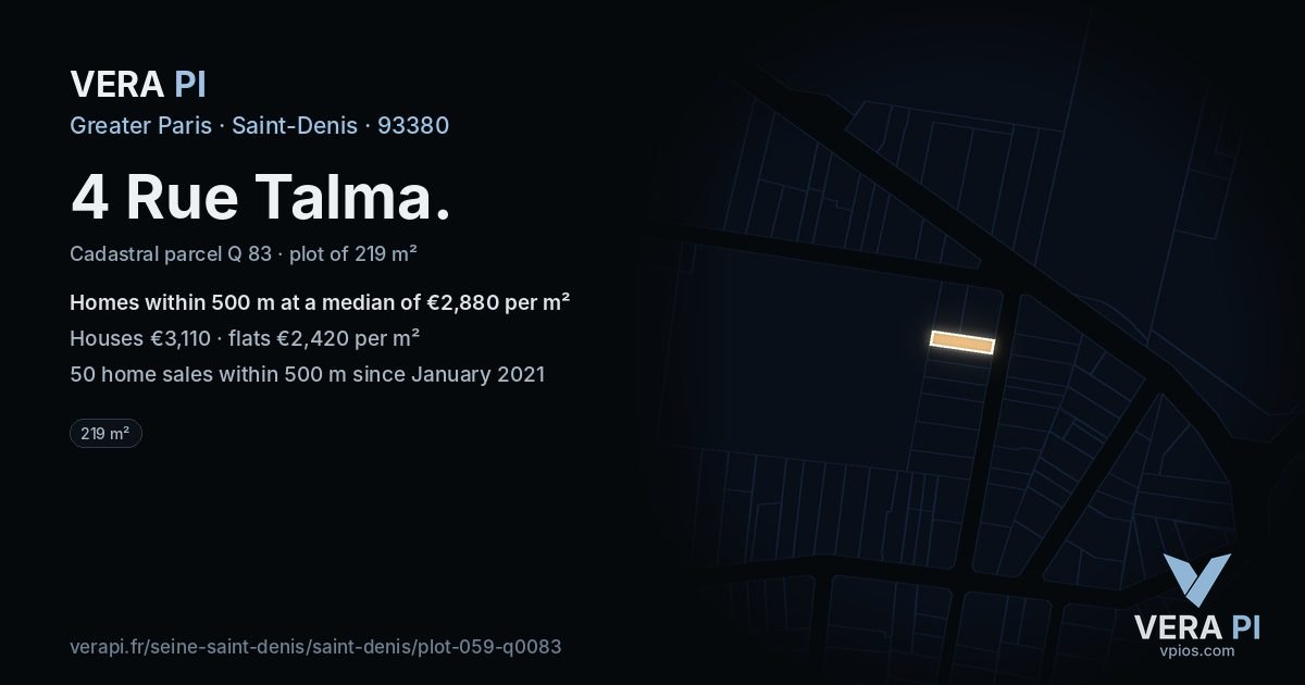 4 Rue Talma, Saint-Denis at night – the plot lit, the parcels around coloured by the prices near them