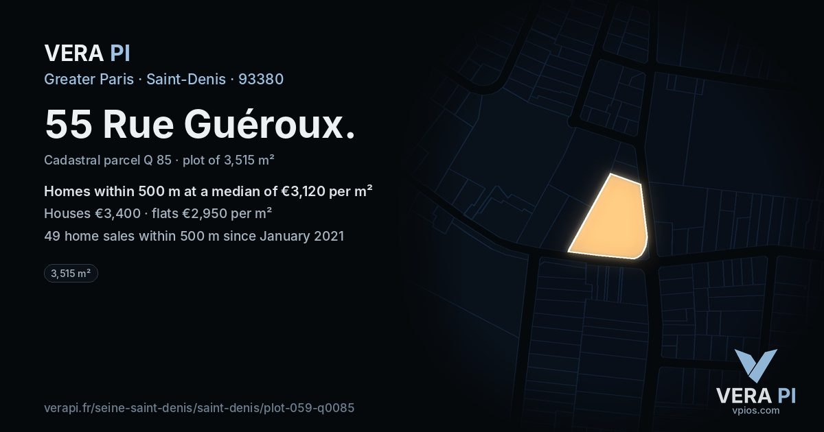 55 Rue Guéroux, Saint-Denis at night – the plot lit, the parcels around coloured by the prices near them