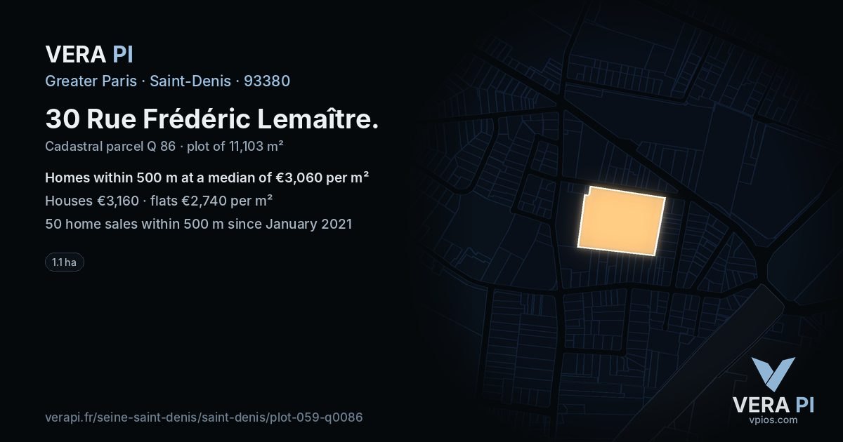 30 Rue Frédéric Lemaître, Saint-Denis at night – the plot lit, the parcels around coloured by the prices near them