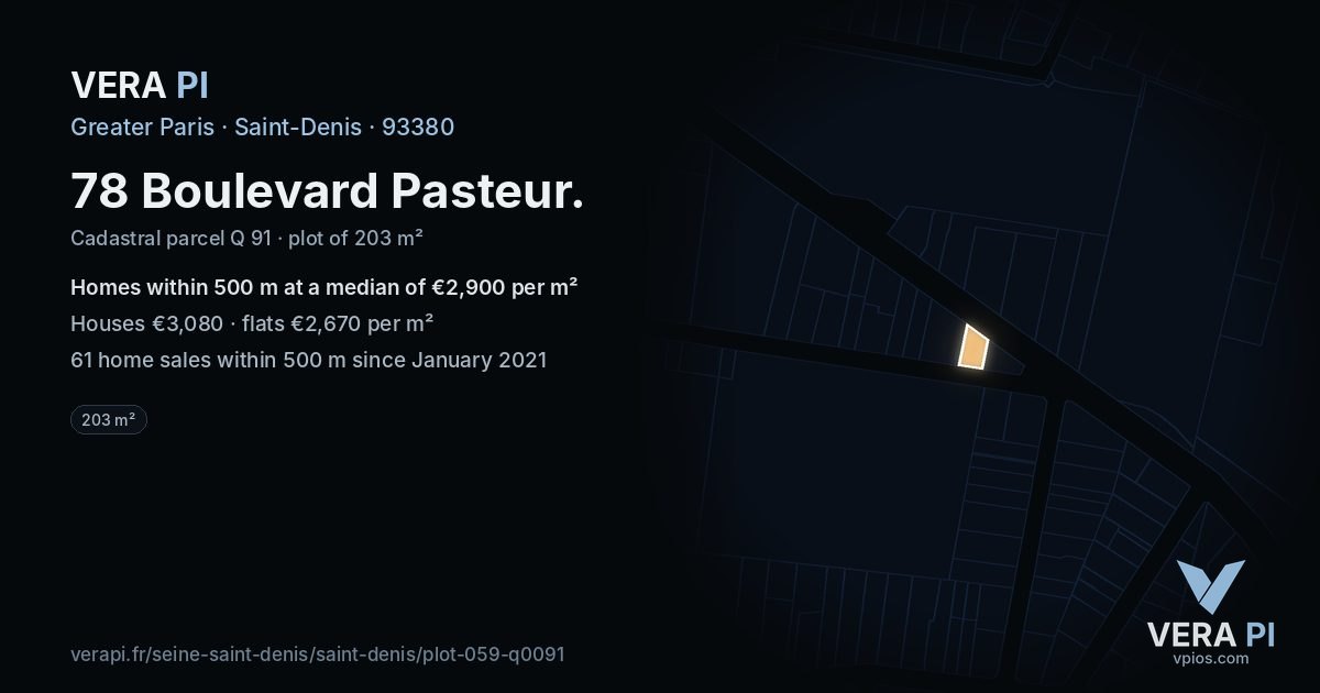 78 Boulevard Pasteur, Saint-Denis at night – the plot lit, the parcels around coloured by the prices near them
