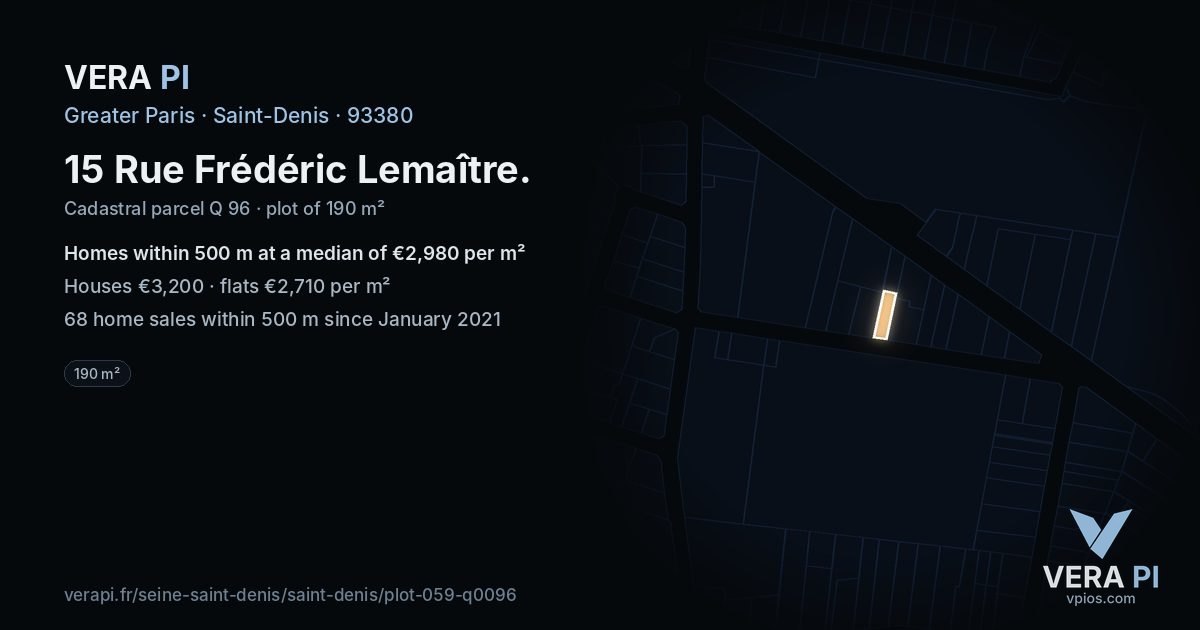 15 Rue Frédéric Lemaître, Saint-Denis at night – the plot lit, the parcels around coloured by the prices near them