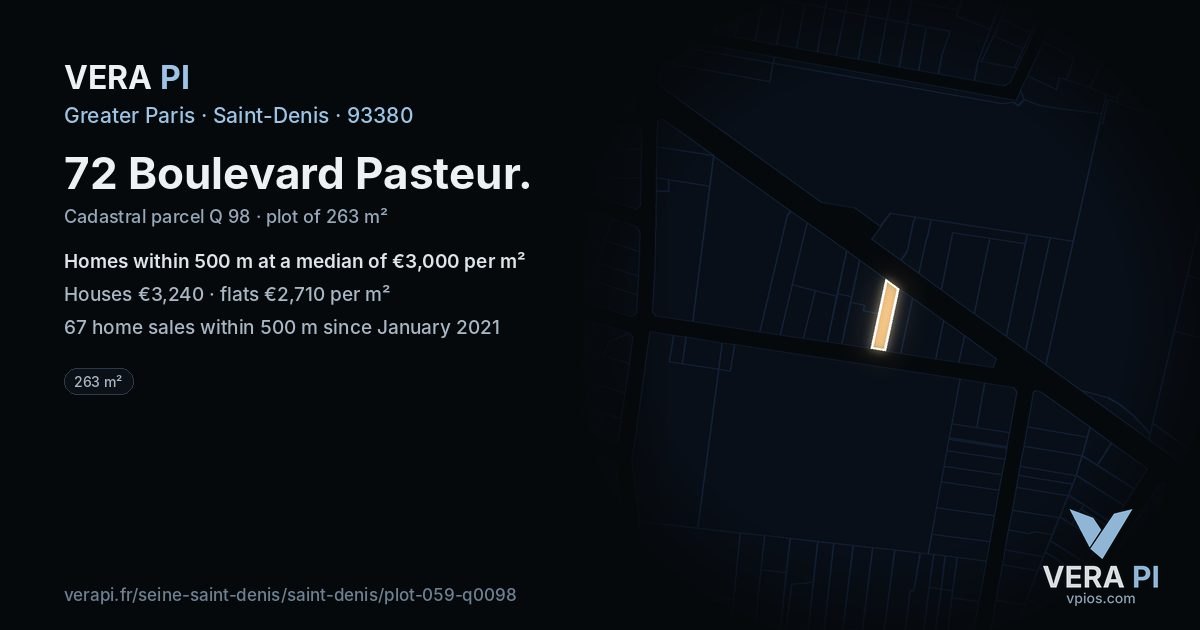72 Boulevard Pasteur, Saint-Denis at night – the plot lit, the parcels around coloured by the prices near them