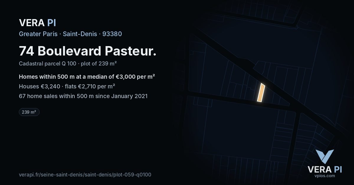 74 Boulevard Pasteur, Saint-Denis at night – the plot lit, the parcels around coloured by the prices near them