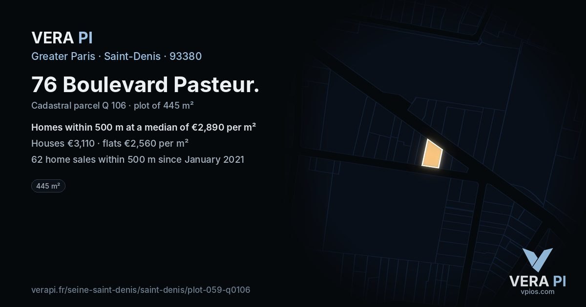 76 Boulevard Pasteur, Saint-Denis at night – the plot lit, the parcels around coloured by the prices near them