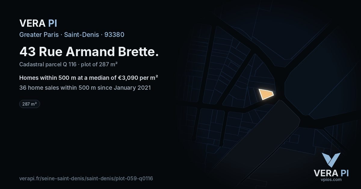43 Rue Armand Brette, Saint-Denis at night – the plot lit, the parcels around coloured by the prices near them