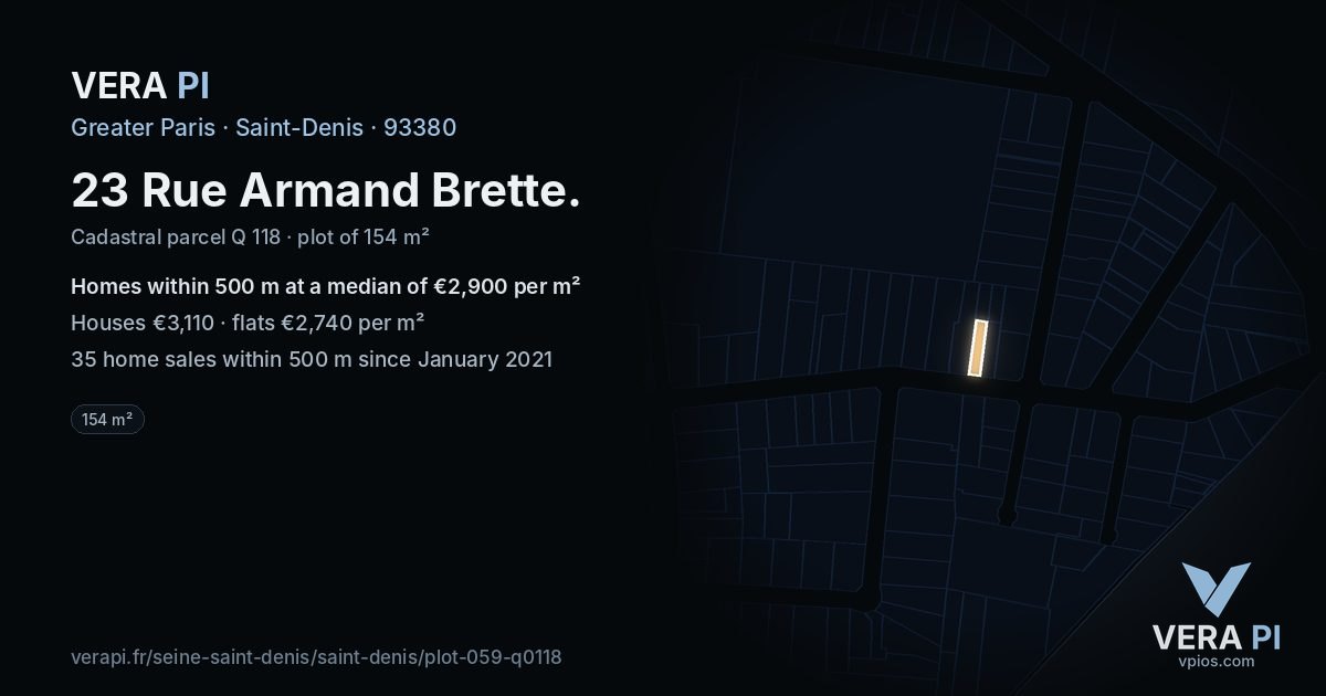 23 Rue Armand Brette, Saint-Denis at night – the plot lit, the parcels around coloured by the prices near them