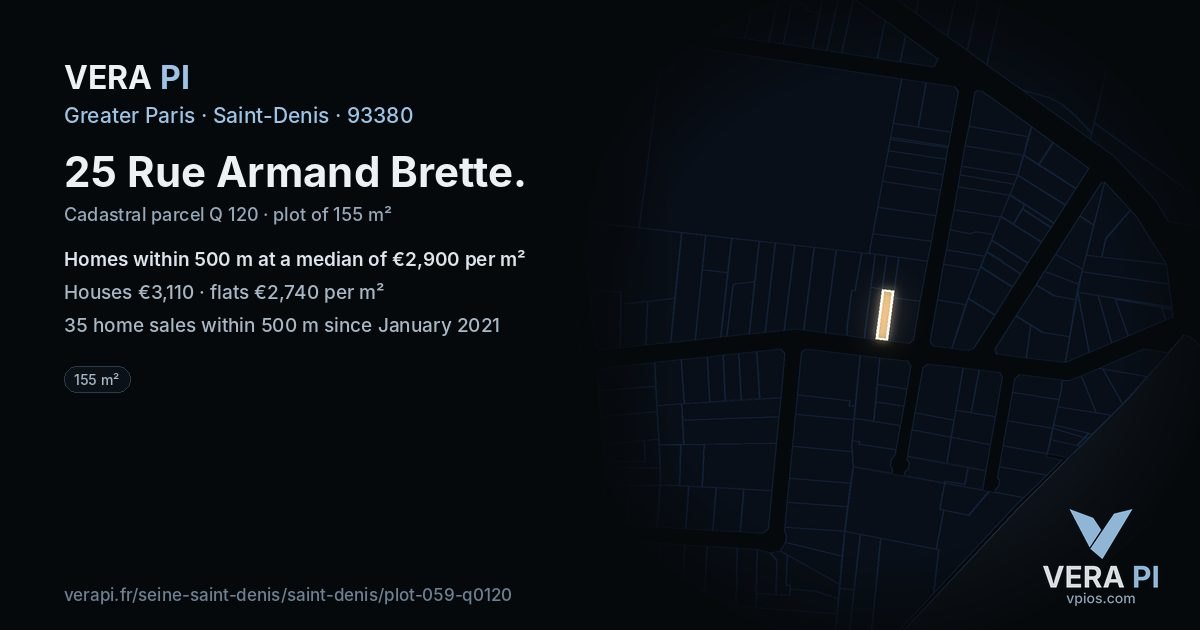 25 Rue Armand Brette, Saint-Denis at night – the plot lit, the parcels around coloured by the prices near them