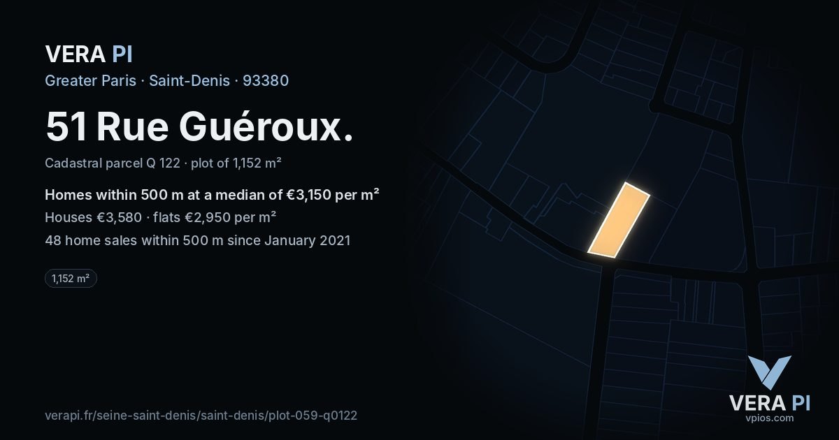 51 Rue Guéroux, Saint-Denis at night – the plot lit, the parcels around coloured by the prices near them
