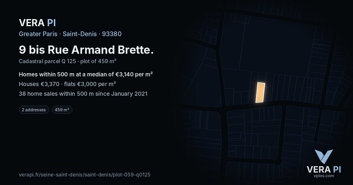 9 bis Rue Armand Brette, Saint-Denis at night – the plot lit, the parcels around coloured by the prices near them