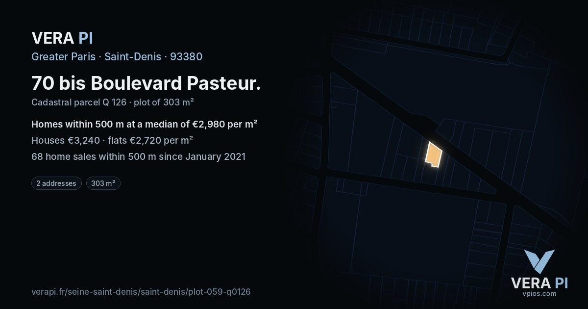 70 bis Boulevard Pasteur, Saint-Denis at night – the plot lit, the parcels around coloured by the prices near them