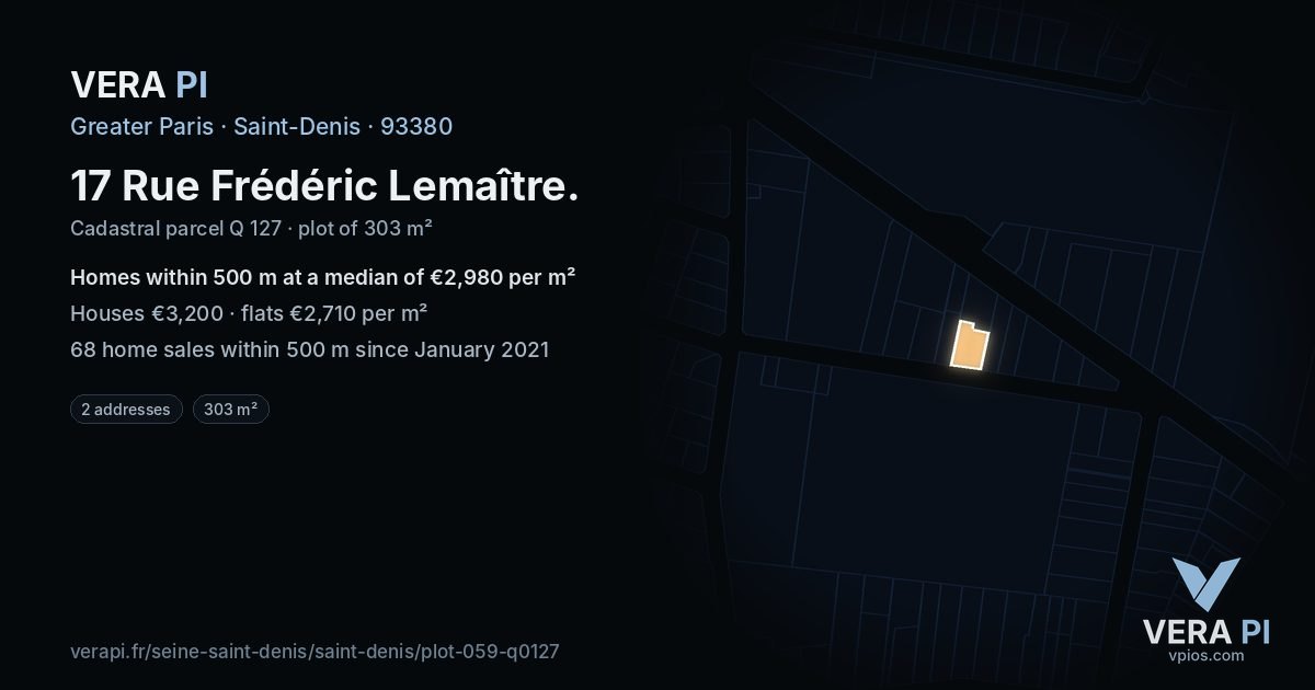 17 Rue Frédéric Lemaître, Saint-Denis at night – the plot lit, the parcels around coloured by the prices near them