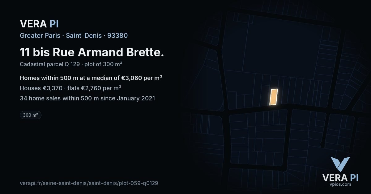 11 bis Rue Armand Brette, Saint-Denis at night – the plot lit, the parcels around coloured by the prices near them