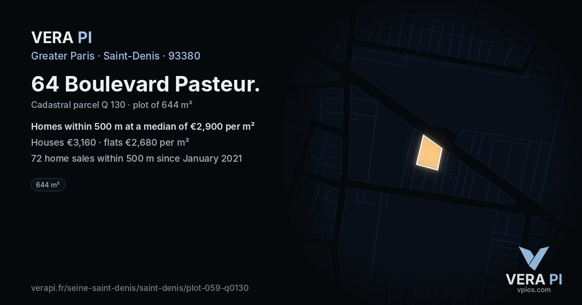 64 Boulevard Pasteur, Saint-Denis at night – the plot lit, the parcels around coloured by the prices near them