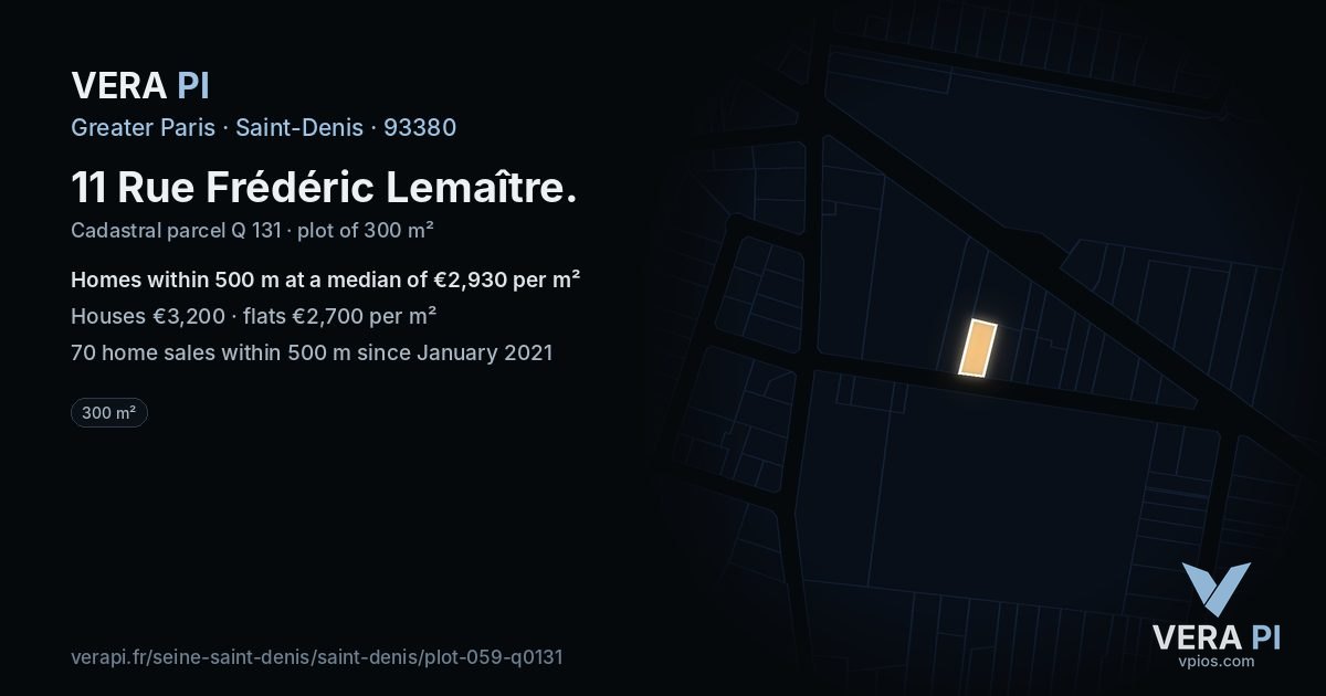 11 Rue Frédéric Lemaître, Saint-Denis at night – the plot lit, the parcels around coloured by the prices near them