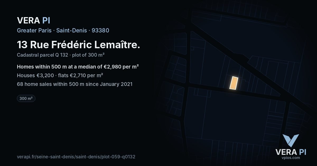 13 Rue Frédéric Lemaître, Saint-Denis at night – the plot lit, the parcels around coloured by the prices near them