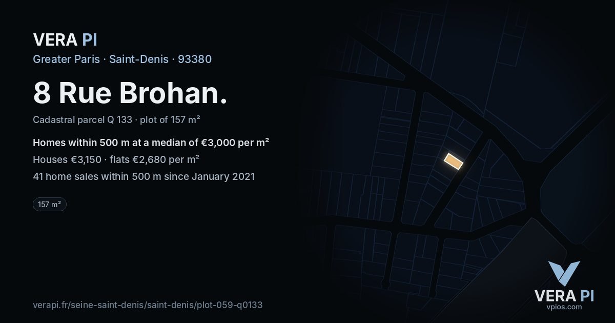 8 Rue Brohan, Saint-Denis at night – the plot lit, the parcels around coloured by the prices near them