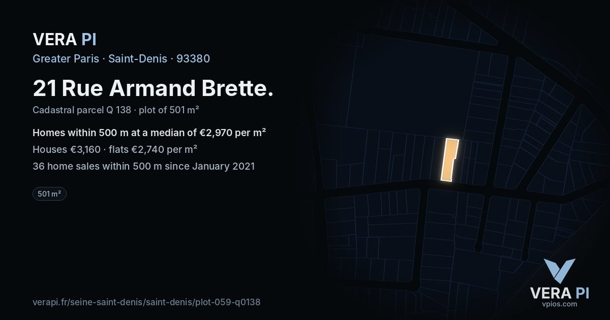 21 Rue Armand Brette, Saint-Denis at night – the plot lit, the parcels around coloured by the prices near them
