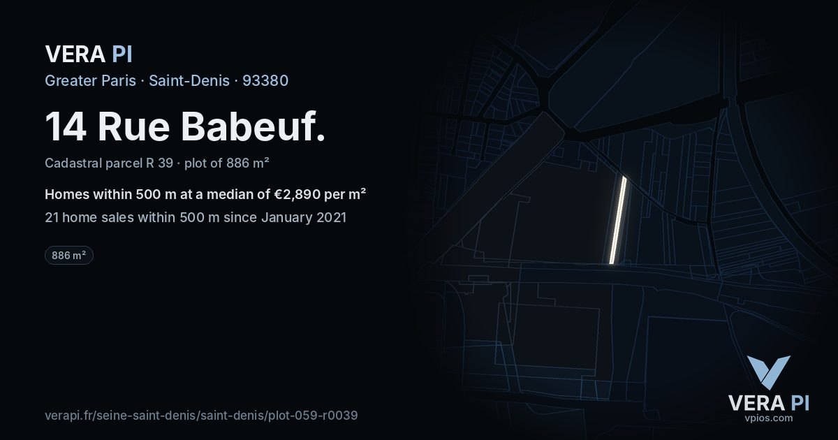 14 Rue Babeuf, Saint-Denis at night – the plot lit, the parcels around coloured by the prices near them
