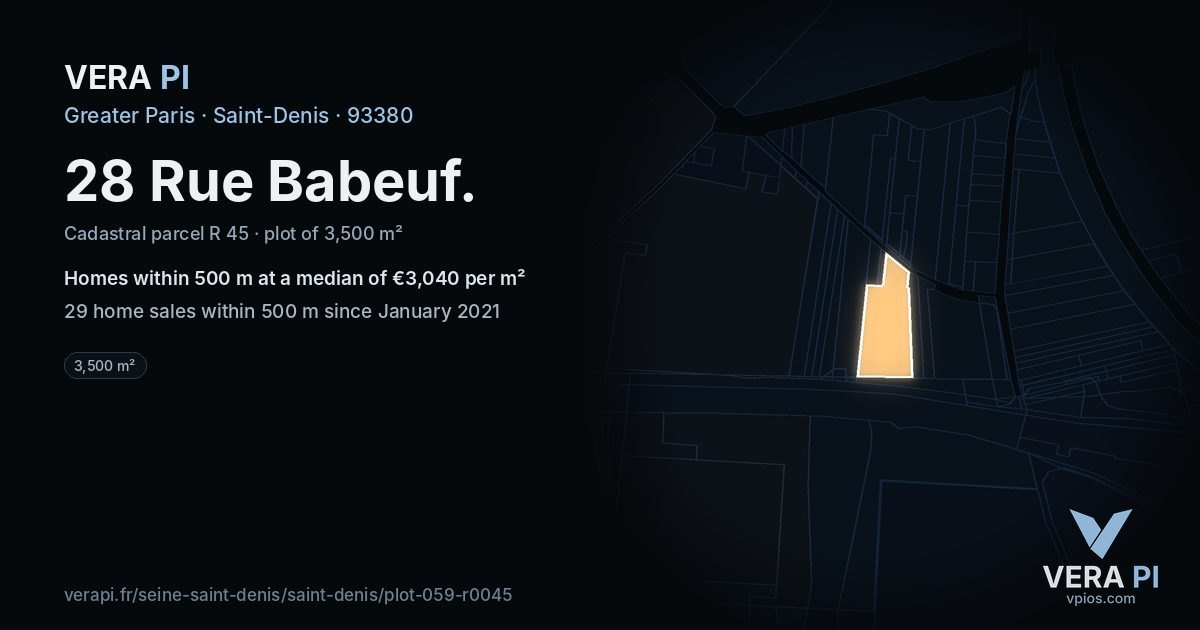 28 Rue Babeuf, Saint-Denis at night – the plot lit, the parcels around coloured by the prices near them