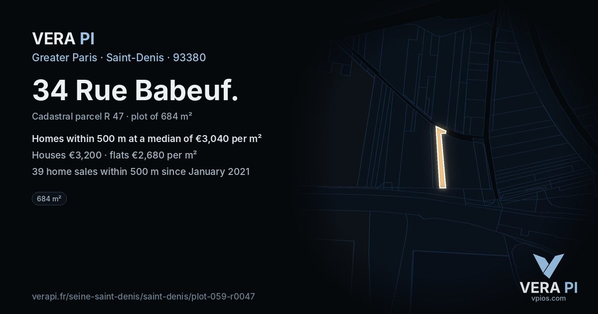 34 Rue Babeuf, Saint-Denis at night – the plot lit, the parcels around coloured by the prices near them