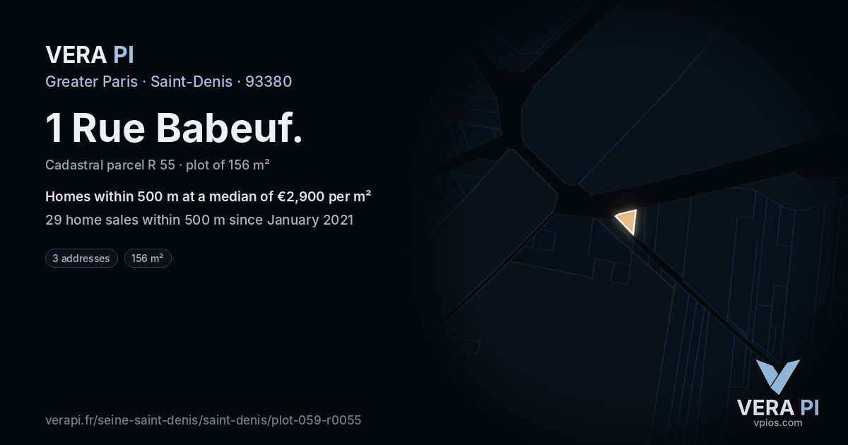 1 Rue Babeuf, Saint-Denis at night – the plot lit, the parcels around coloured by the prices near them