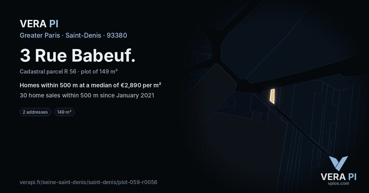 3 Rue Babeuf, Saint-Denis at night – the plot lit, the parcels around coloured by the prices near them