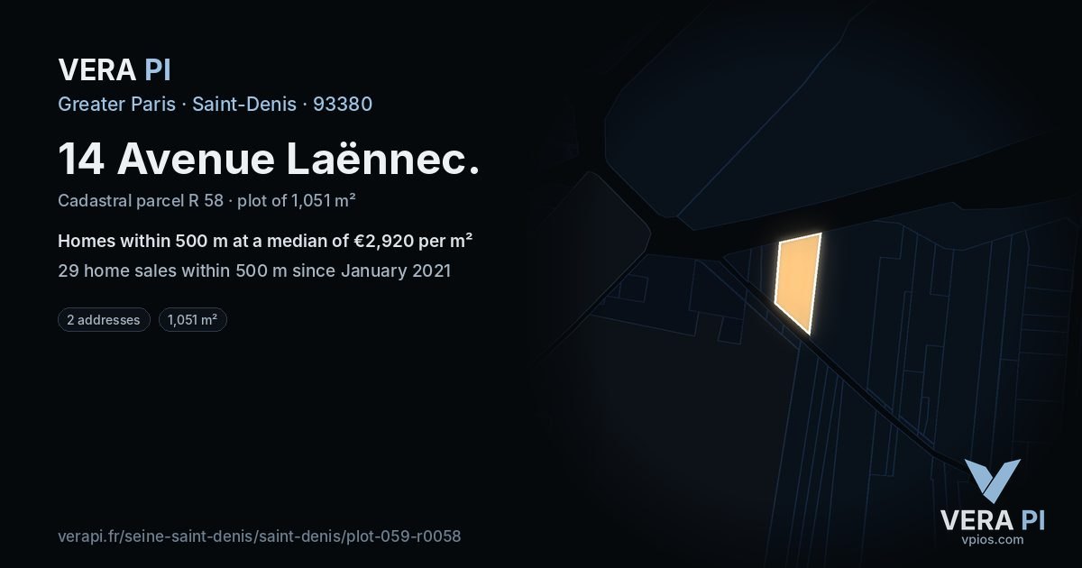 14 Avenue Laënnec, Saint-Denis at night – the plot lit, the parcels around coloured by the prices near them