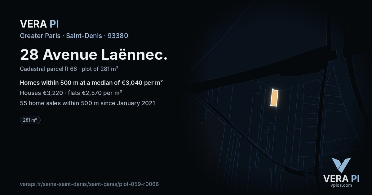 28 Avenue Laënnec, Saint-Denis at night – the plot lit, the parcels around coloured by the prices near them