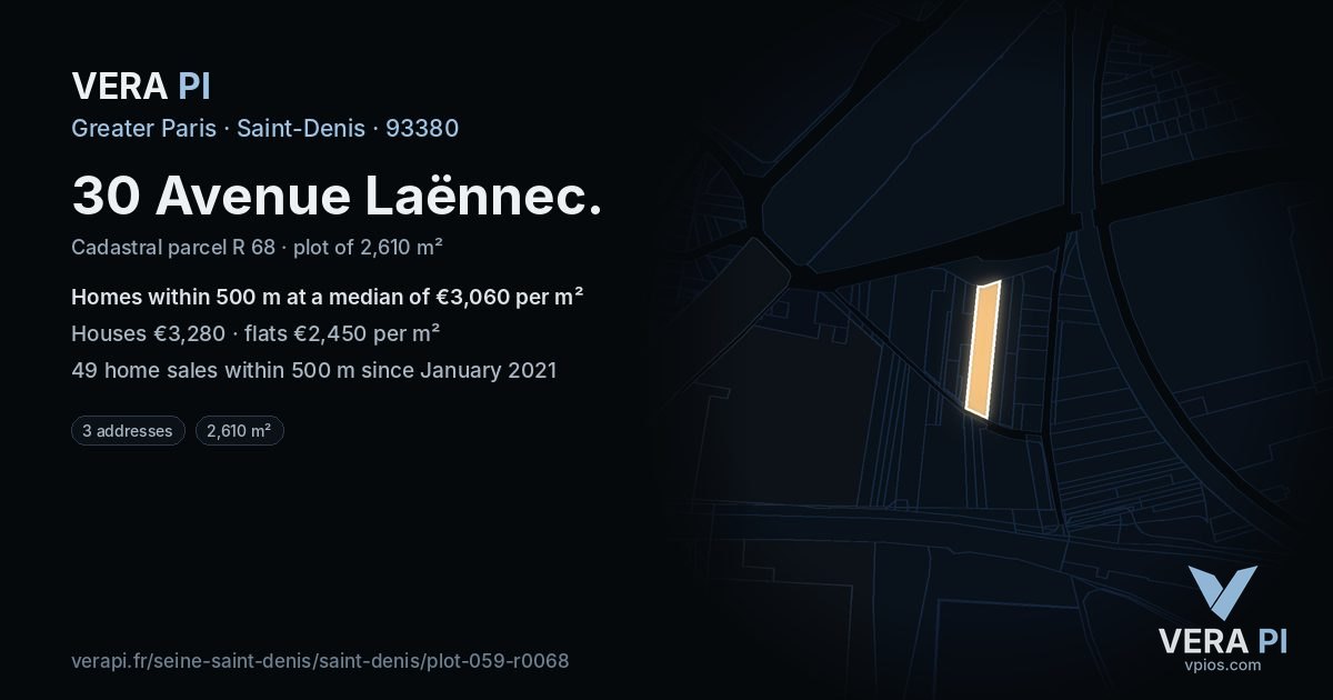 30 Avenue Laënnec, Saint-Denis at night – the plot lit, the parcels around coloured by the prices near them