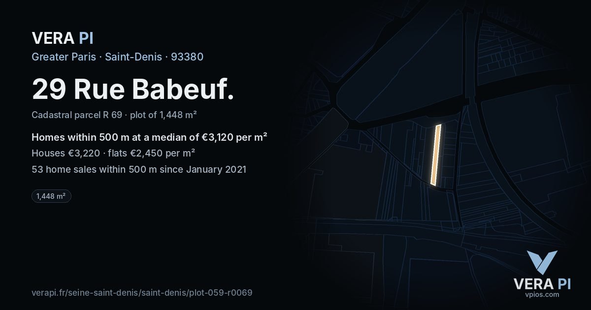 29 Rue Babeuf, Saint-Denis at night – the plot lit, the parcels around coloured by the prices near them